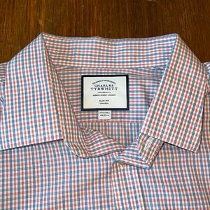 Charles Tyrwhitt Non-Iron Dress Shirt - 17 1/2 -36. Red and blue French cuff